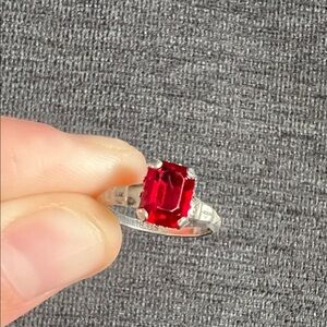 Vintage Sterling Silver Ring with Deep Red Emerald-Cut Stone